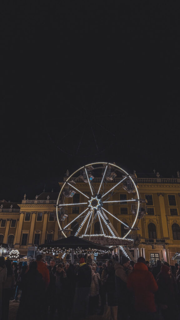 Schonbrunn Palace Christmas Market with festive lights in front of the palace